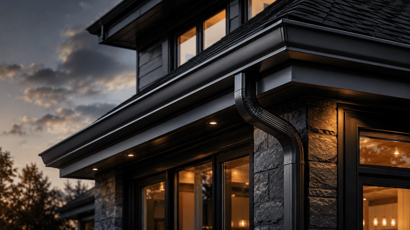 Premium seamless gutter close-up at twilight