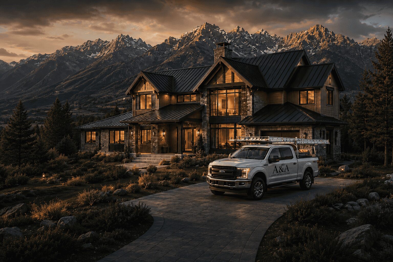 Colorado mountain home with A&A truck at twilight